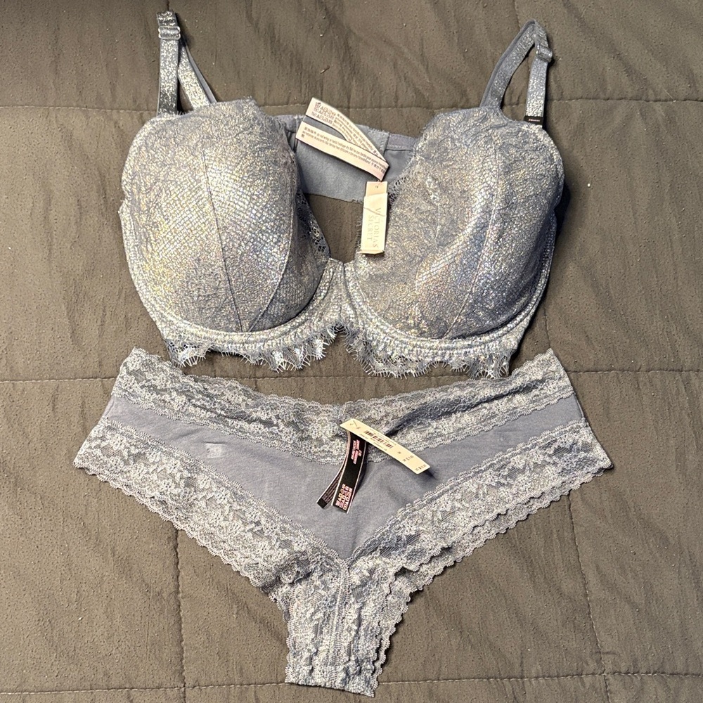 Victoria's Secret Shimmering Gray Lace Bra and Panty Set